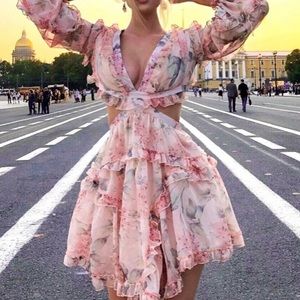 Pink cut out ruffle dress